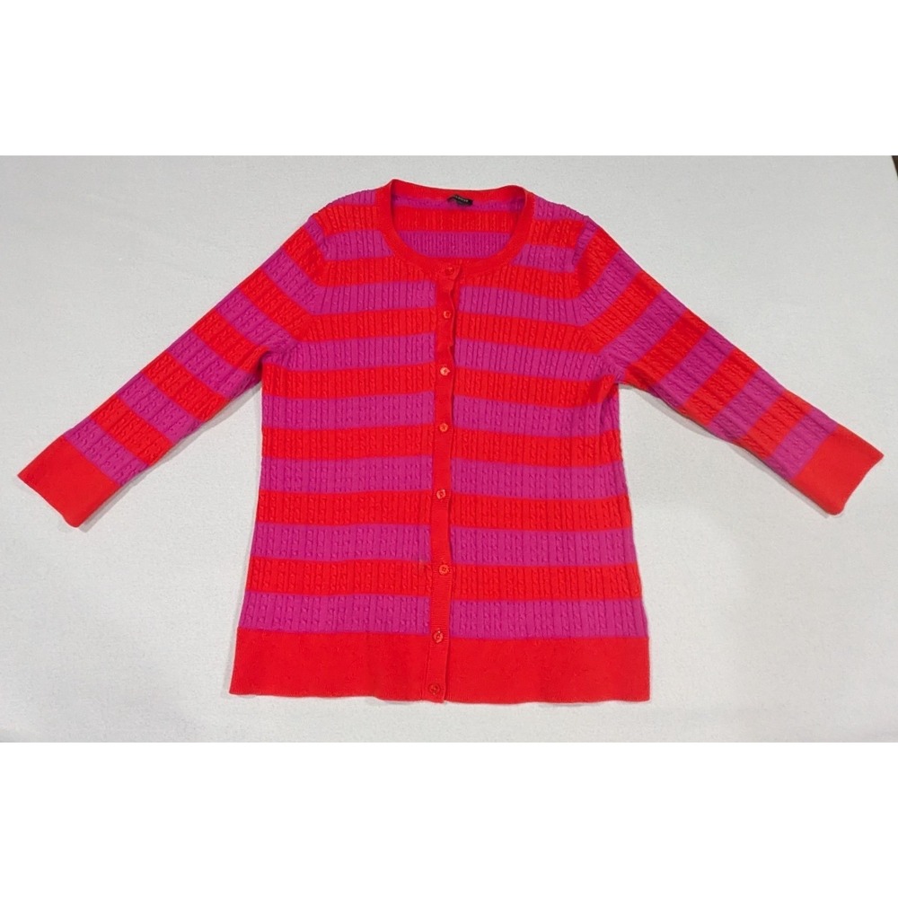 Talbots Cardigan Women XL Red Pink Excellent Striped Cable Knit Cotton Sweater
